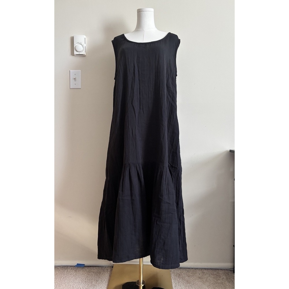 Tulip Clothing Medium Cotton Gauze Tiered Long Dress Black Minimalist Coastal